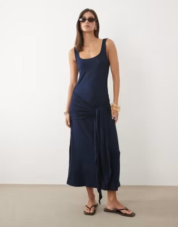 エイソス レディース トップス ワンピース タイディテール ミディ ASOS DESIGN square neck with tie detail midi dress NAVY ネイビー｜ReVida 店