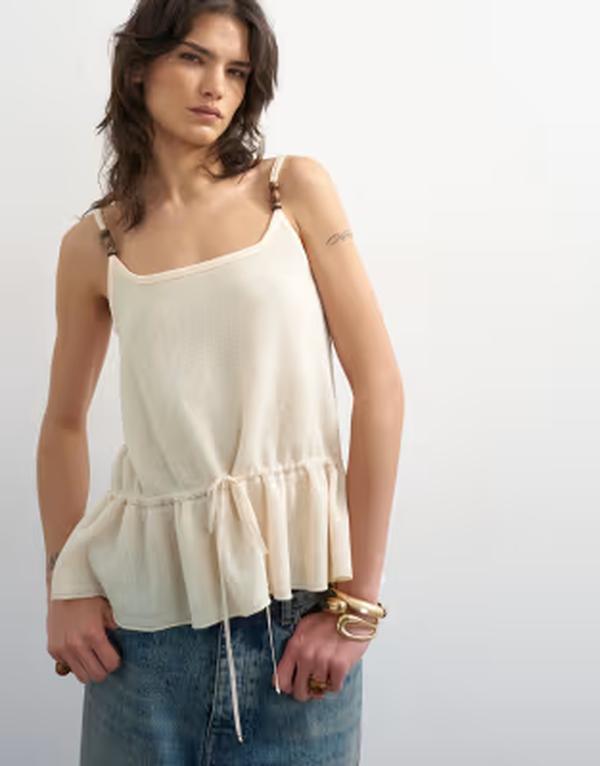 トップショップ レディース トップス ベスト ニット Topshop knit beadedrawaist peplum tank IVORY アイボリー｜ReVida 店