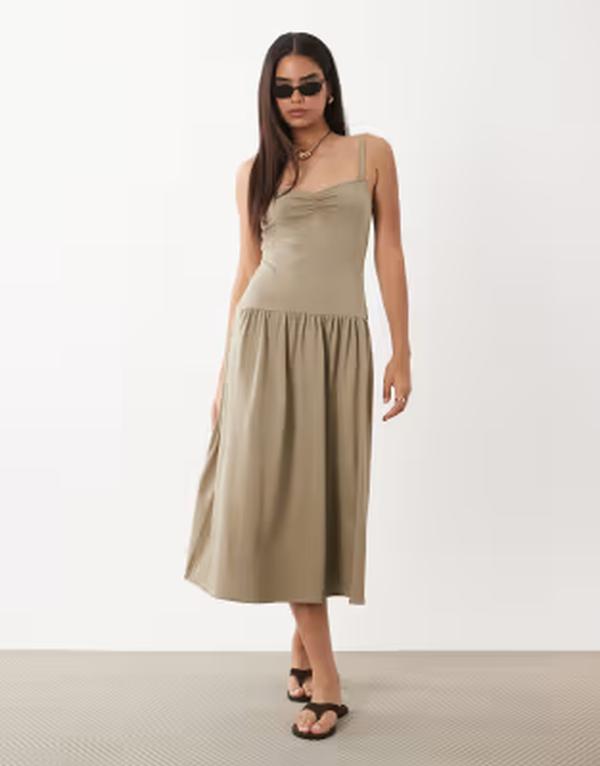 マンゴ レディース トップス ワンピース ミディ コットン Mango cotton rich dropped waist midi dress in light GREEN グリーン|ReVida 店
