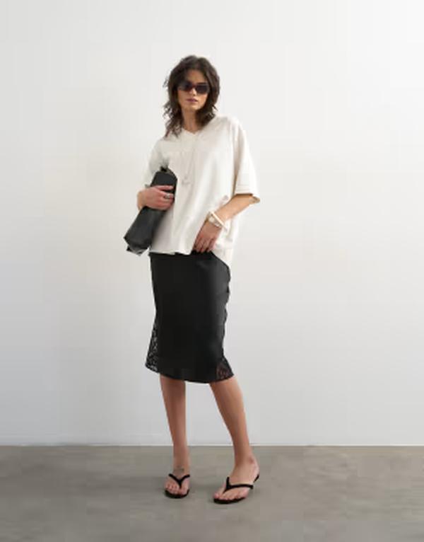 トップショップ レディース ボトムスカート ミディ レース Topshop lace Insert awkward length midi skirt Black ブラック｜ReVida 店