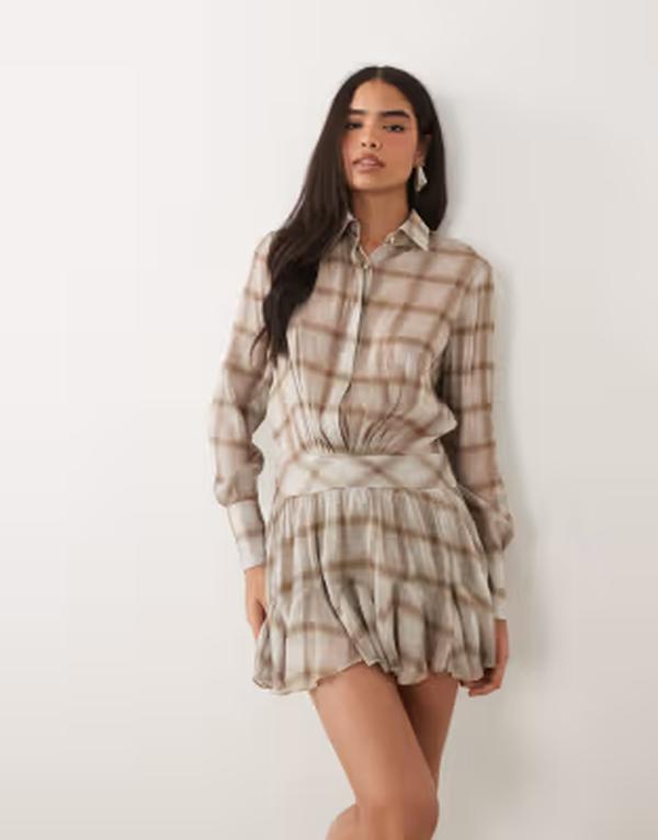 アリアコーブ レディース トップス ワンピース シフォン フリル シャツ スカート Aria Cove sheen chiffon ruffle skirt shirt dress in muted plaid チェック｜ReVida 店 20,866円