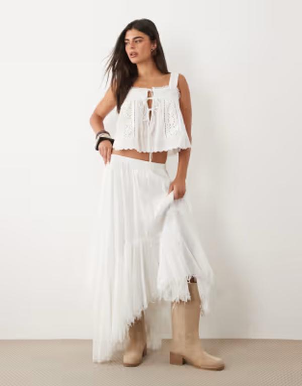 アリアコーブ レディース ボトムスカート ティアード アシンメトリー リネン マキシ Aria Cove linen look tie red asymmetric raw hemaxi beach skirt WHITE ホワイト|ReVida 店