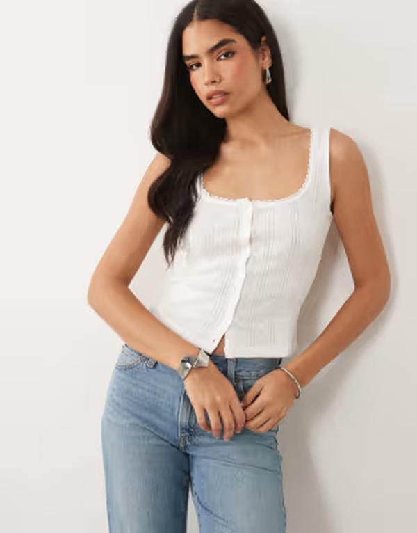 グッドアメリカン レディース トップス ベスト Good American pointelle square neck button through tank top WHITE ホワイト｜ReVida 店