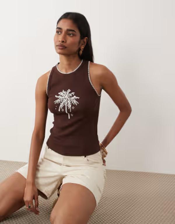 ミスセルフフリッジ レディース トップス タンクトップ 刺繍 Misselfridge tank top with embroide red palm tree in chocolate チョコレート｜ReVida 店