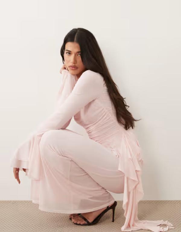 エイソス レディース トップス ワンピース メッシュ マキシ ASOS DESIGN mesh maxi dress with ruching and frill details PINK ピンク｜ReVida 店