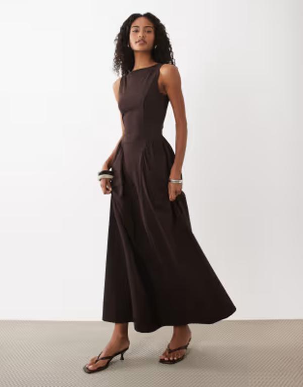 エイソス レディース トップス ワンピース ミディ ASOS DESIGN boat neck waist detail midi dress in chocolate チョコレート｜ReVida 店