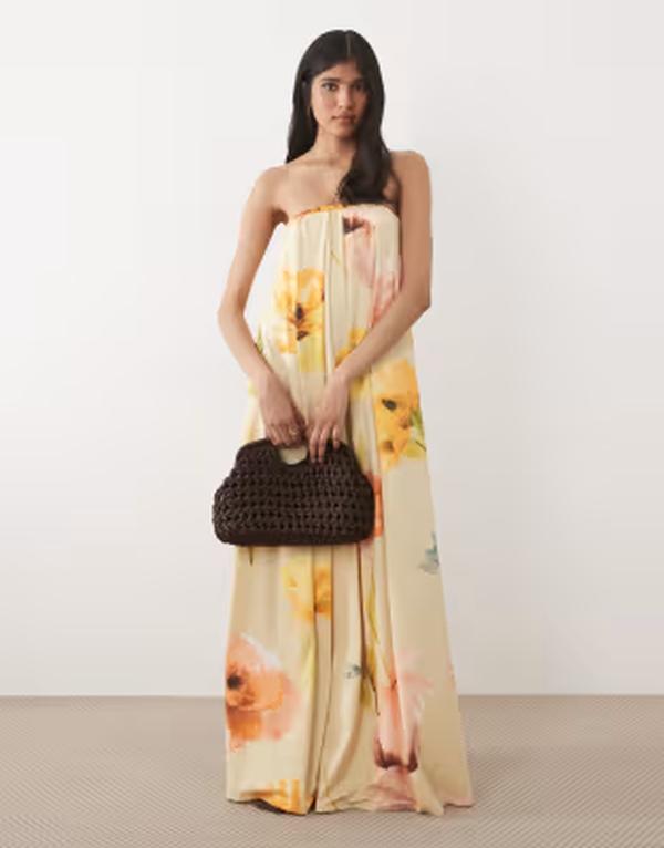 エイソス レディース トップス ワンピース フラワー柄 プリント ストラップレス マキシ フラワー ASOS DESIGN strapless maxi dress in yellow floral print Floral Print イエロー｜ReVida 店