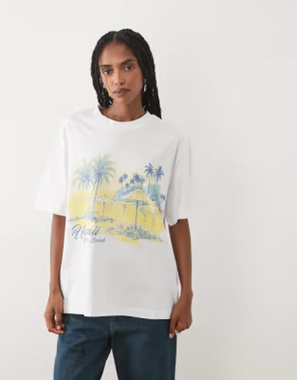 エイソス レディース トップス Tシャツ グラフィック ASOS DESIGN oversized T-shirt withawaii graphic PRINT ホワイト｜ReVida 店