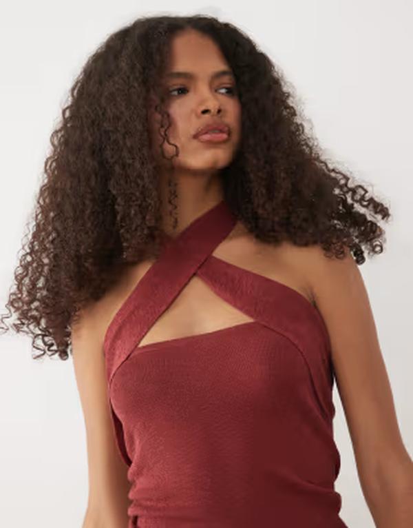 マンゴ レディース トップス シャツ ニット ホルター Mango Teen knit cross front halterneck top RED レッド|ReVida 店
