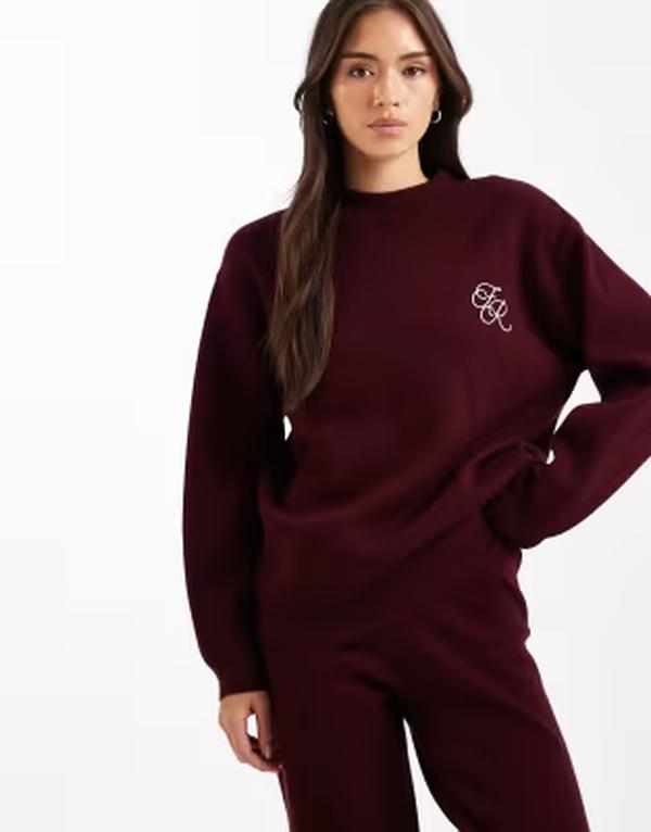 フォース&レックレス レディース アウター ニット・セーター 刺繍 ロゴ 4th & Reckless knit embroide red logo detail sweater - part of a set Burgundy バーガンディ｜ReVida 店