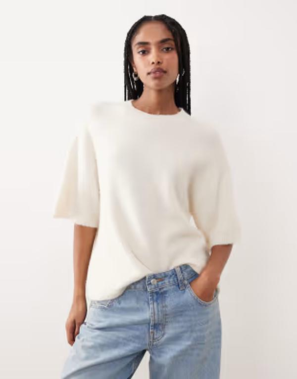 ジーナトリコ レディース トップス Tシャツ リラックスフィット ウール ニット Gina Tricot relaxed fit knit wool alpaca short sleeve top in cream クリーム｜ReVida 店