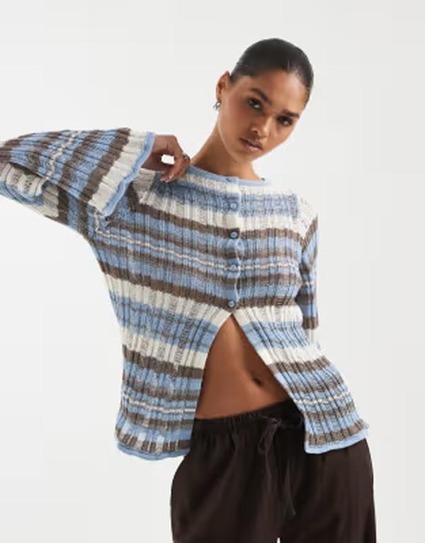 エイソス レディース アウター カーディガン ニット ASOS DESIGN knitted ladder stitch cardigan stripes Blue stripe ブルー｜ReVida 店