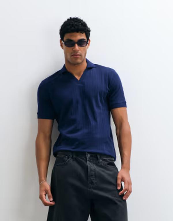 セレクティッド メンズ トップス ポロシャツ リブ Selected ribbed split neck polo in dark OCEAN CAVERN ブルー|ReVida 店
