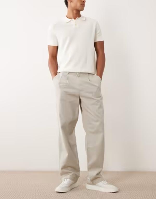コットンオン メンズ ボトムス カジュアルパンツ プリーツ Cotton baggy pleated pants in stone ストーン|ReVida 店