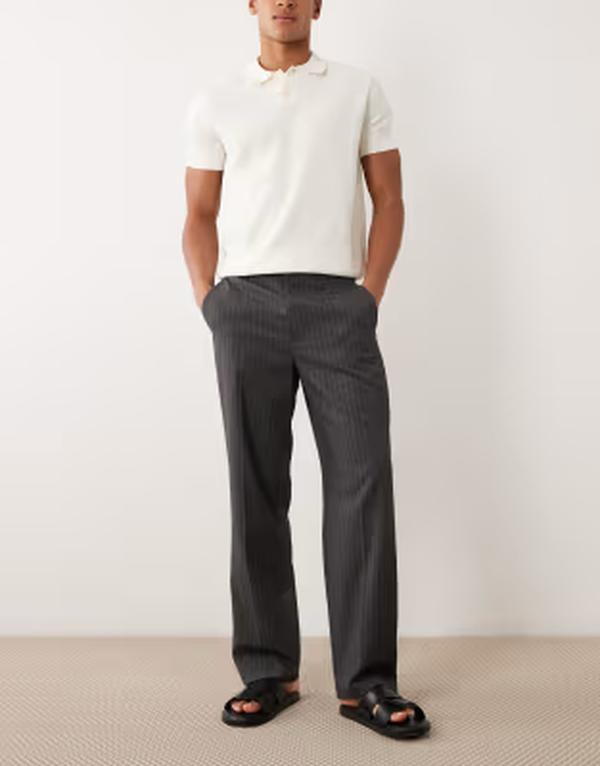 コットンオン メンズ ボトムス カジュアルパンツ プリーツ Cotton baggy tailo red pleated pants in charcoal pinstripe Charcoal pinstripe チャコール|ReVida 店