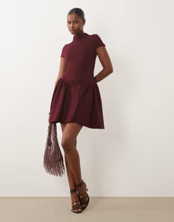 カイア レディース トップス ワンピース ハイネック ミニ Kaiia exclusive high neck short sleeve fit and flare basque dropped waist detail mini dress Burgundy バーガンディ｜ReVida 店 29,480円