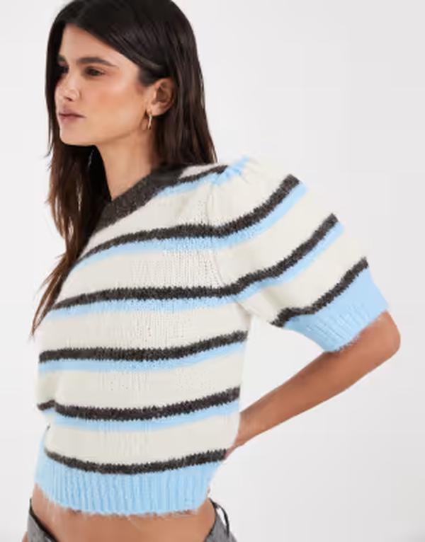 ヴェロモーダ レディース アウター ニット・セーター Vero Moda short sleeve knit sweater and blue stripes Birch Stripes ストライプ｜ReVida 店
