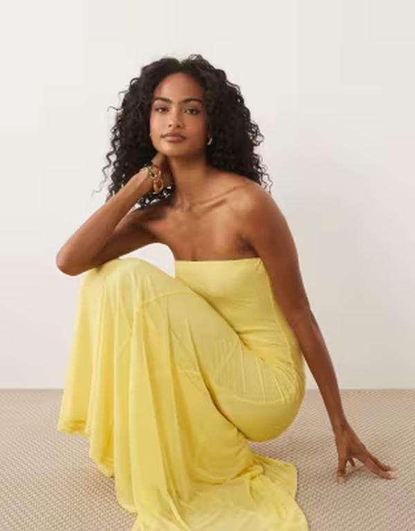 エイソス レディース トップス ワンピース メッシュ マキシ ASOS DESIGN bandeau mesh maxi with godet and train detail in buttermilk LEMON｜ReVida 店