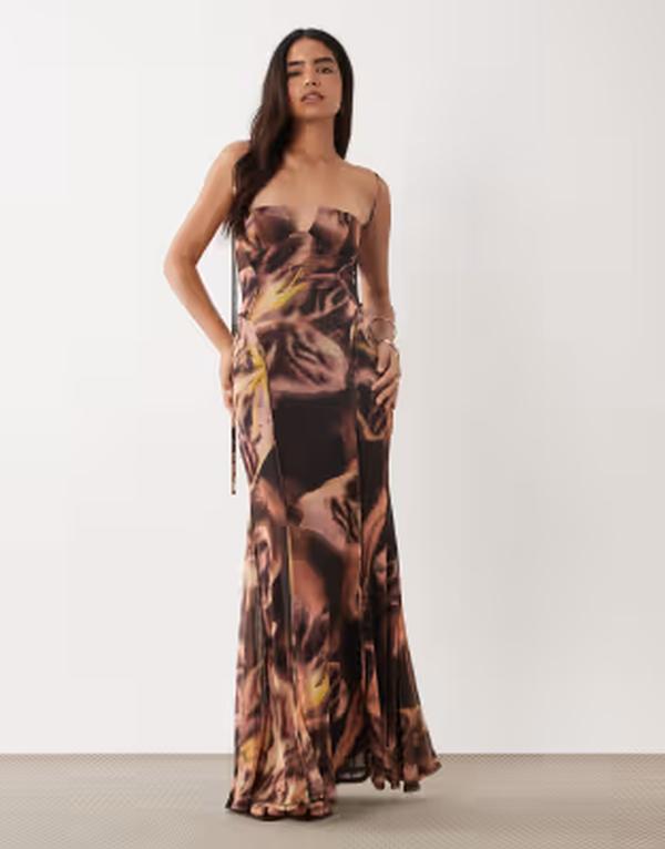 エイソス レディース トップス ワンピース フラワー柄 プリント メッシュ マキシ フラワー ASOS DESIGN printed mesh exposed seam sculpted cupped maxi dress floral Brown Floral ブラウン｜ReVida 店 20,610円