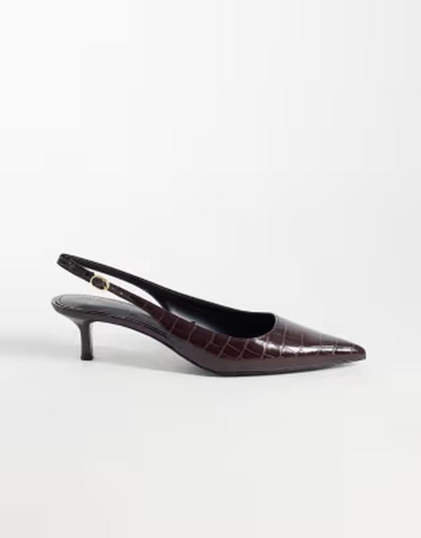 マンゴ レディース シューズ ヒール レザー Mango faux croc leather heeled slingback shoes Burgundy バーガンディ|ReVida 店