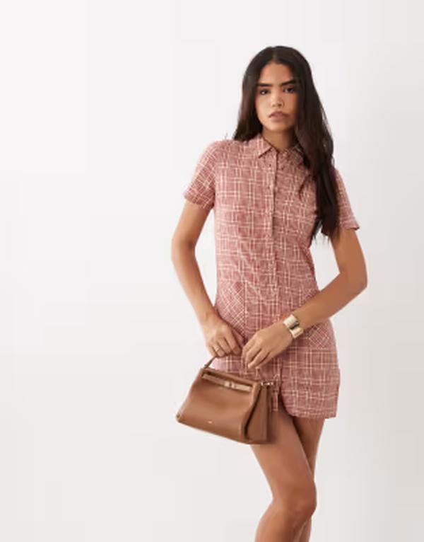 ノーバディーズ チャイルド レディース トップス ワンピース ミニ シャツ コットン Nobody's Child Lorna cotton short sleeve pocket front mini shirt dress plaid Red check レッド｜ReVida 店