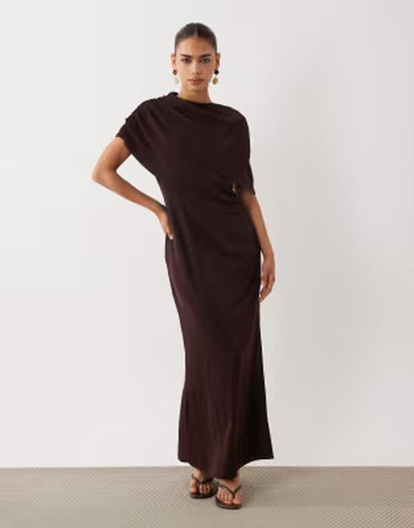 エイソス レディース トップス ワンピース ミディ ASOS DESIGN fallen shoulder slinky midi dress in chocolate チョコレート｜ReVida 店
