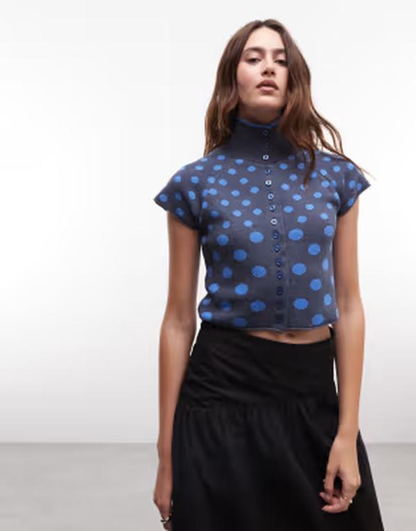リクレイム ヴィンテージ レディース トップス タンクトップ ハイネック ドット ニット Reclaimed Vintage button up high neck compact knitank topolka dots Navy polka dot ネイビー｜ReVida 店