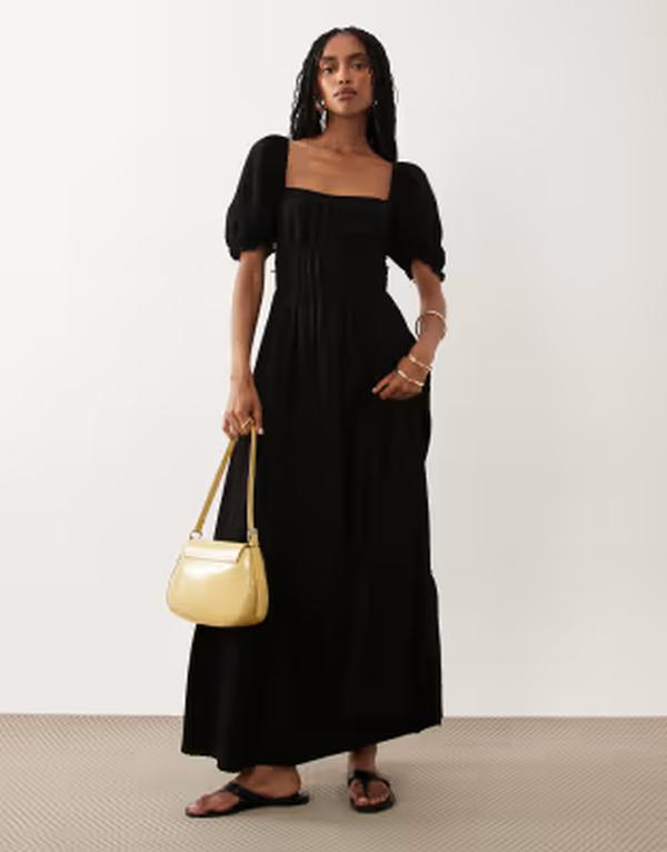ミスセルフフリッジ レディース トップス ワンピース マキシ Misselfridge seersucker puff sleeve milkmaid maxi dress Black ブラック｜ReVida 店