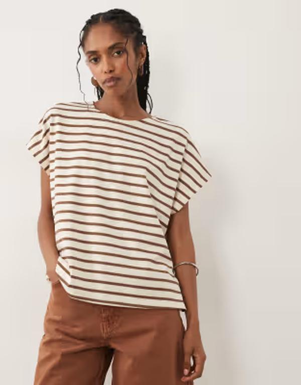 スリードベア レディース トップス Tシャツ Threadbare T-shirt in ecru and brown stripe - part of a set ECRU エクリュ|ReVida 店