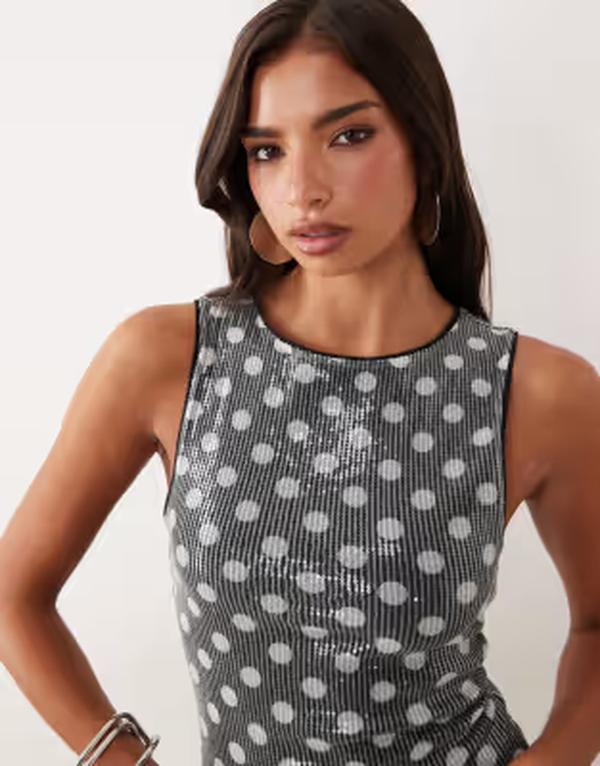 エイソス レディース トップス タンクトップリント スパンコール ASOS DESIGN sequin tank top and white spot print - part of a set Black and White ホワイト｜ReVida 店