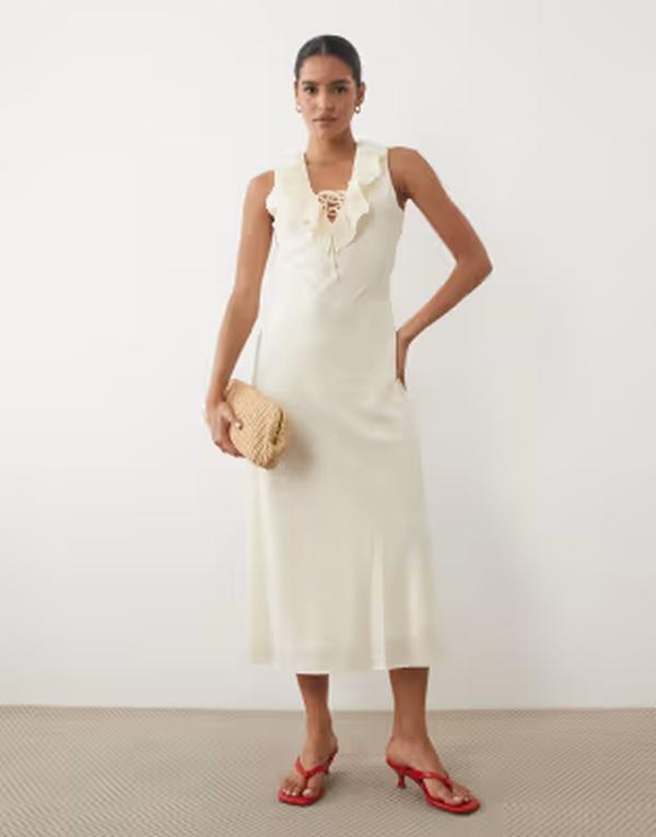 マンゴ レディース トップス ワンピース ノースリーブ Mango frill detailing sleeveless midaxi dress in pastel yellow イエロー｜ReVida 店