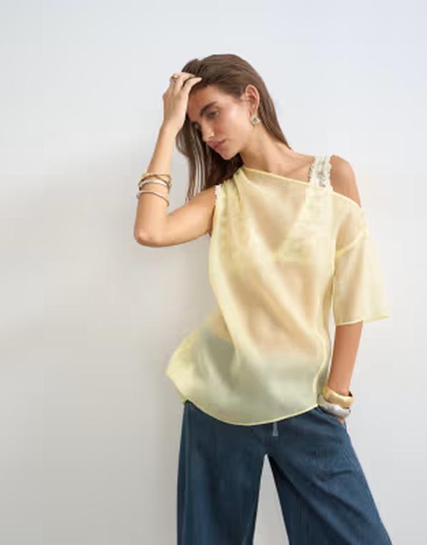 トップショップ レディース トップス タンクトップ Topshop one shoulder organza top in lemon｜ReVida 店