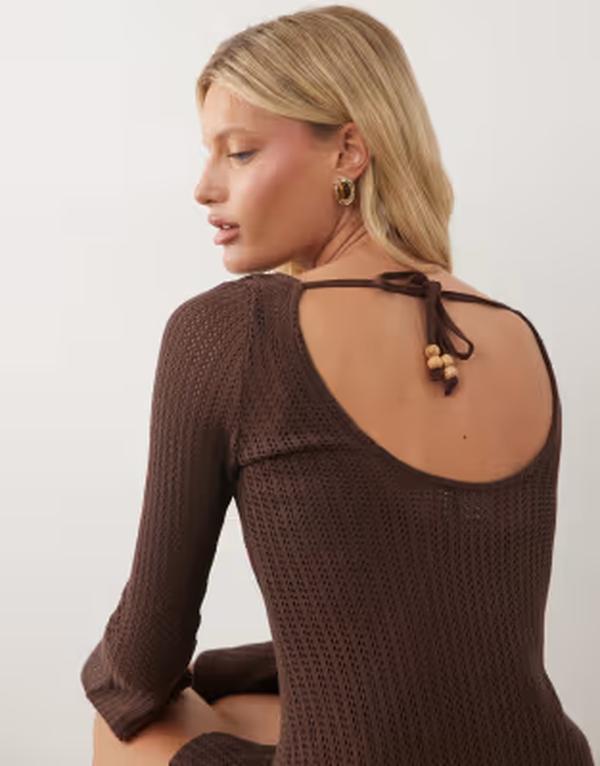 エイソス レディース トップス ワンピース ミニ ジャージー ASOS DESIGN crochet jersey long angel sleeve mini dress in chocolate チョコレート｜ReVida 店 15,251円