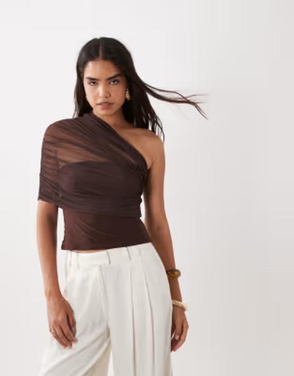 エイソス レディース トップス シャツ メッシュ ワンショルダー ASOS DESIGN mesh one-shoulder top BROWN ブラウン｜ReVida 店 12,074円