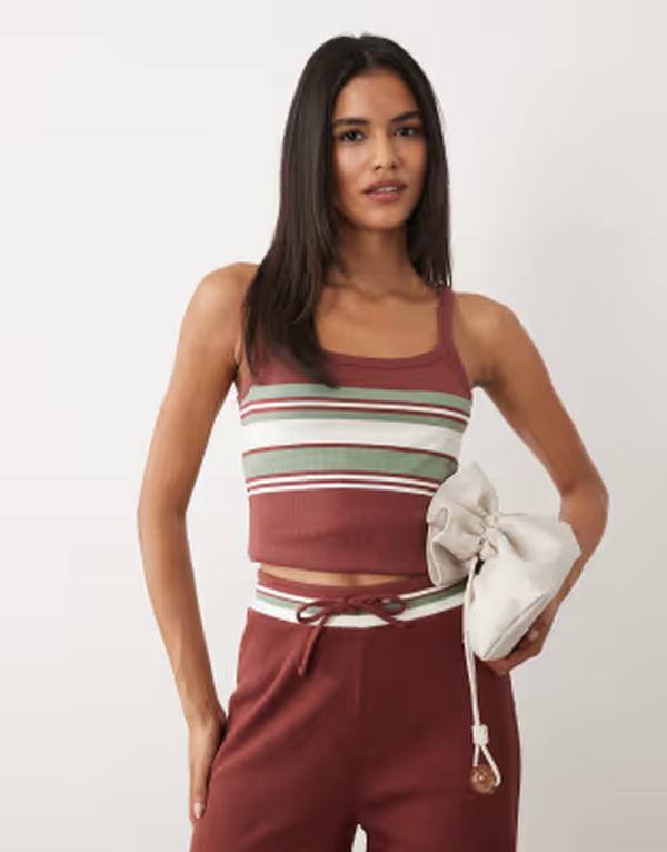 フォース&レックレス レディース トップス シャツ リブ 4th & Reckless ribbed cami top in chocolate stripes - part of a set Chocolate チョコレート｜ReVida 店
