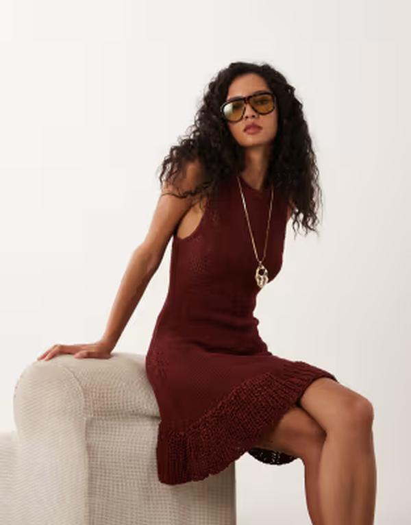 エイソス レディース トップス ワンピース フリル裾 フリル ASOS DESIGN tape yarn dress with ruffle hem in rust ラスト｜ReVida 店