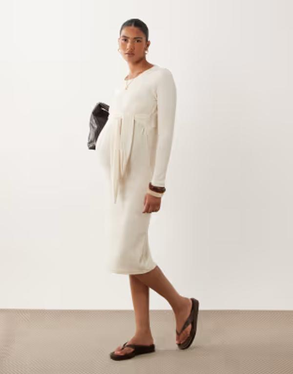 ママライシアス レディース トップス ワンピース ミディ ジャージー マタニティ Mama.licious Mamalicious Maternity tie waist jersey midi dress in heathe red cream Birch melange クリーム|ReVida 店