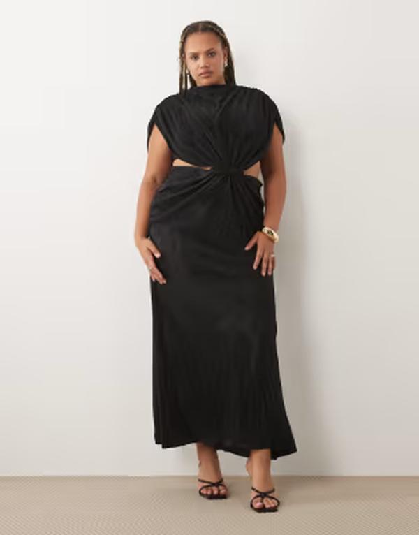 エイソス レディース トップス ワンピース ギャザー ASOS DESIGN Curve batwing sleeve braided ruched waist pliss midaxi dress Black ブラック｜ReVida 店