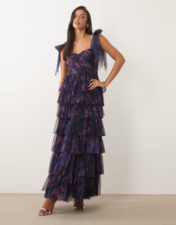 レース アンド ビーズ レディース トップス ワンピース チュール フラワー柄 マキシ フラワー Lace & Beads Bridesmaid bow shoulder tulle maxi dress in dark blue floral Dark blue floral ブルー｜ReVida 店