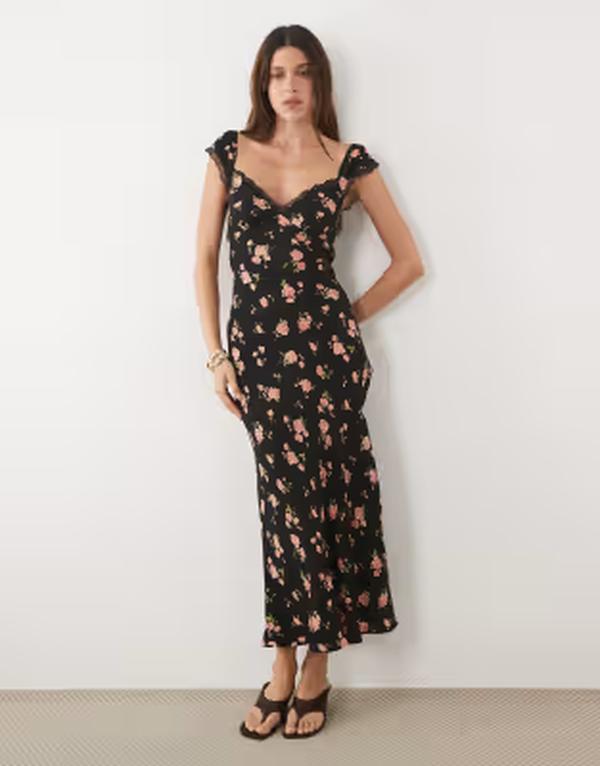 マンゴ レディース トップス ワンピース フラワー柄 プリント ミディ フラワー Mango sweetheart neck midi dress floral print Black ブラック｜ReVida 店
