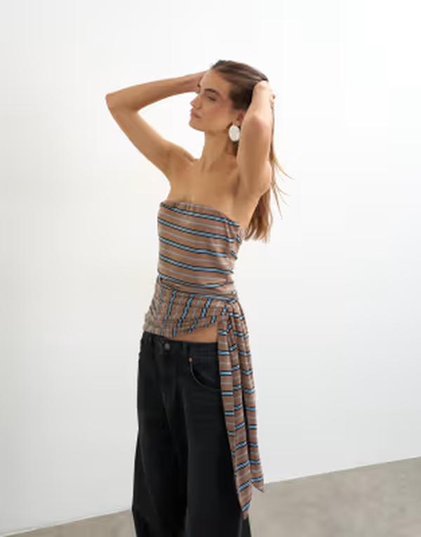 トップショップ レディース トップス シャツ タイディテール Topshop tie detail bandeau top stripes BROWN ブラウン|ReVida 店