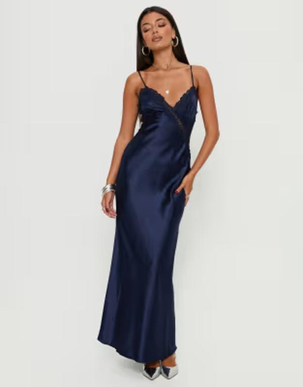 プリンセスポリー レディース トップス ワンピース レーストリム サテン レース マキシ Princess Polly Madelene satin lace trim cami maxi dress NAVY ネイビー｜ReVida 店 29,980円