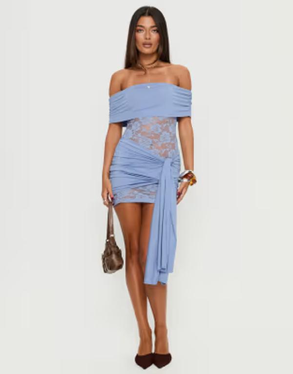 プリンセスポリー レディース トップス ワンピース ドレープ ミニ レース Princess Polly Adelice slinky bardot knot drape front lace insert mini dress in dusty BLUE ブルー｜ReVida 店