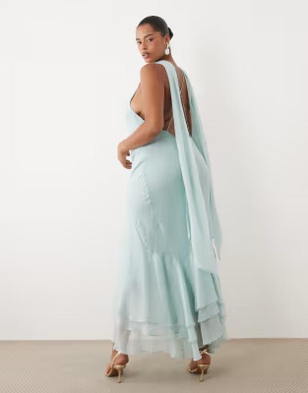 エイソス レディース トップス ワンピース フリル裾 フリル マキシ ホルター ASOS Curve ASOS DESIGN Curve halter maxi dress with scarf detail and ruffle hem Blue ブルー|ReVida 店