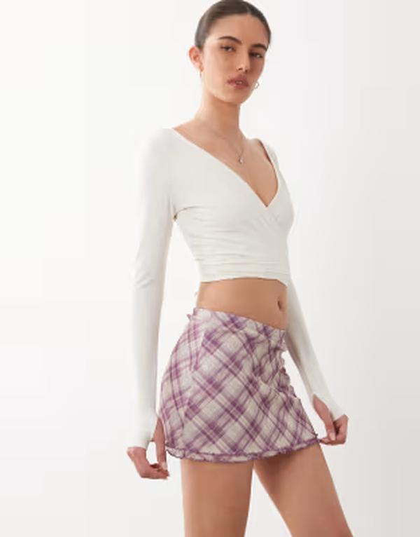 コットンオン レディース ボトムスカート ミニ サテン レース Cotton satin lace mini skirt Purple check パープル｜ReVida 店