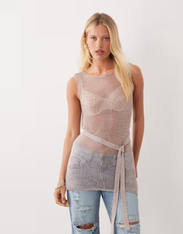 エイソス レディース トップス タンクトップ トール ニット ASOS DESIGN metallic knit longline tank top with belt in rose gold ゴールド｜ReVida 店