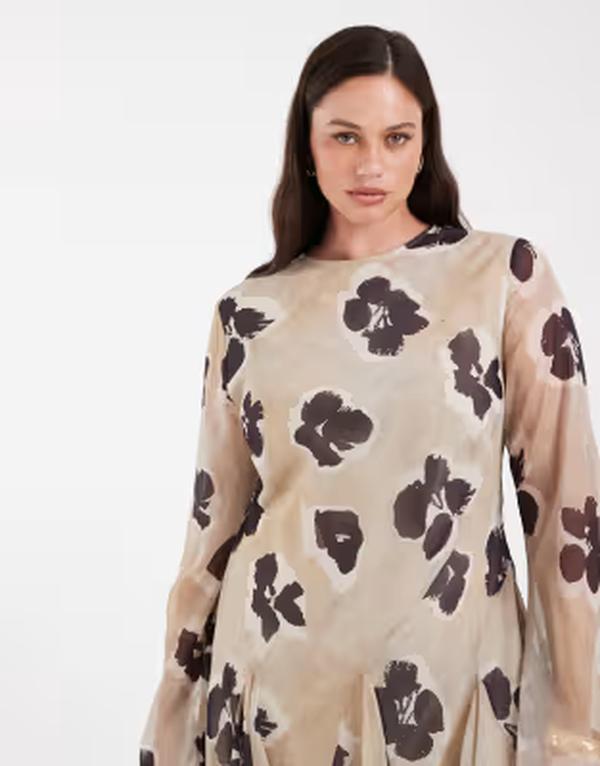 エイソス レディース トップス ワンピース フラワー柄 ミニ フラワー ASOS Curve ASOS DESIGN Curve long sleeve mini dress floral Brown floral ブラウン｜ReVida 店