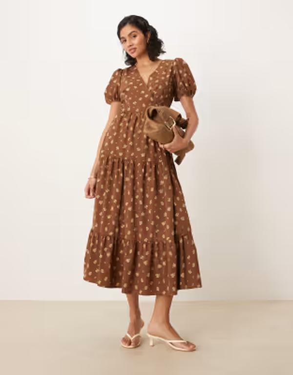 グラマラス レディース トップス ワンピース フラワー柄 マキシ フラワー Glamoroushort sleeve maxi wrap dress micro floral Brown Ditsy Floral ブラウン｜ReVida 店
