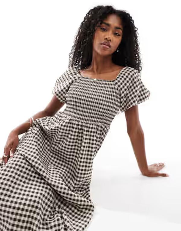デイジーストリート レディース トップス ワンピース ギンガムチェック ミディ ギンガム Daisy Street shir red topuff sleeve midi smock dress burgundy gingham BROWN PLAID ブラウン｜ReVida 店
