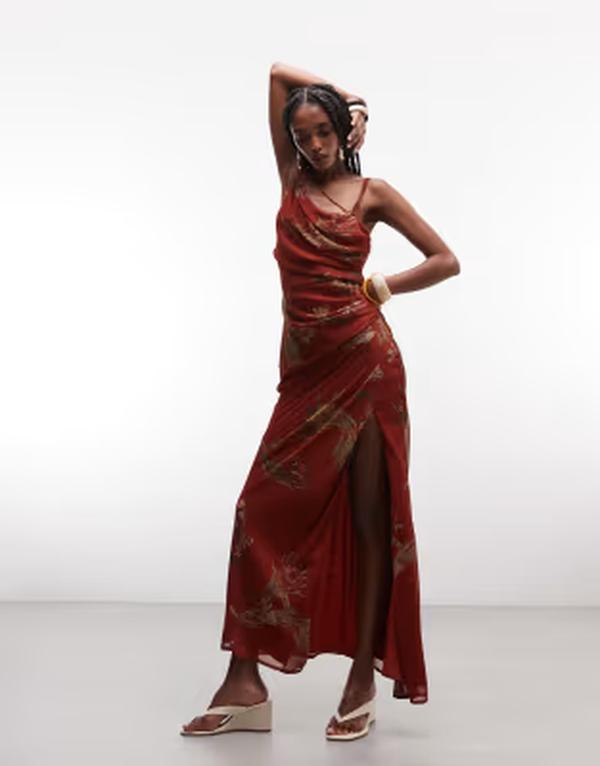 エイソス レディース トップス ワンピース オープンバック フラワー柄 ドレープリント マキシ フラワー ASOS DESIGN draped bodice maxi dress with beaded strap detail and open back in rust floral print Rust floral ラスト｜ReVida 店